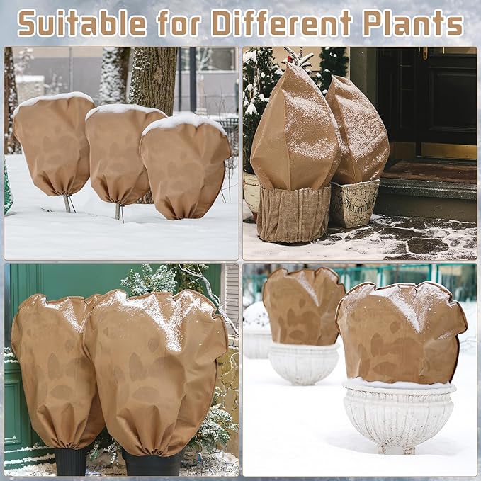 12 Pcs Winter Plant Covers Freeze Protection Reusable Plant Protector Bag with Drawstring Warm Shrubs Cover Frost Protection Planting Jacket Bags for Outdoor Garden, Brown (23.6 x 31.5 Inch)