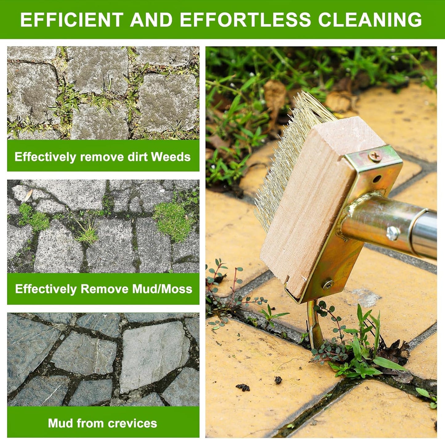 Moss Remover Brush Crack Weeder Tool Stainless Steel Crevice Weeder with 2 Brush Heads - Long Handle Weed Puller for Deck, Patio, Walkway, Driveway Crevice Cleaning Tool (Moss Remover Tool-2)