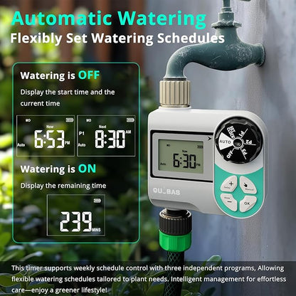 QUOBAS Weekly Plan Sprinkler Timer with Metal Inlet & Outlet, Water Timer for Garden Hose with Rain Delay/Manual Watering/Automatic Watering Controller System for Watering Lawn, Yard, Garden