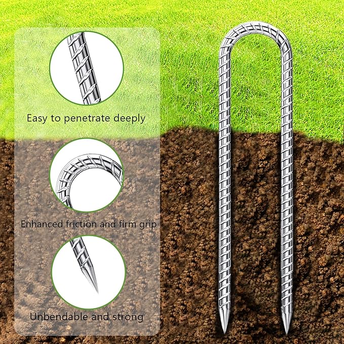 Rebar-Stakes-12-Inch-Galvanized, U Hook Trampoline Stakes 6 Pack Ground Anchors Tent Stakes Heavy Duty for Plants Anti-Rust Landscape Fabric Stakes Artificial Turf