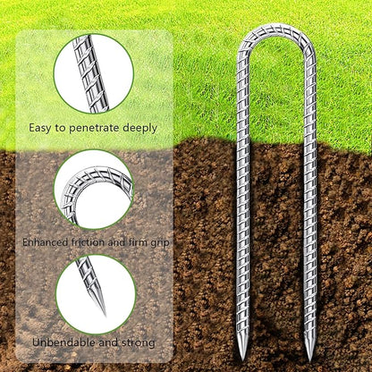 Rebar-Stakes-12-Inch-Galvanized, U Hook Trampoline Stakes 10 Pack Ground Anchors Tent Stakes Heavy Duty for Plants Anti-Rust Landscape Fabric Stakes Artificial Turf