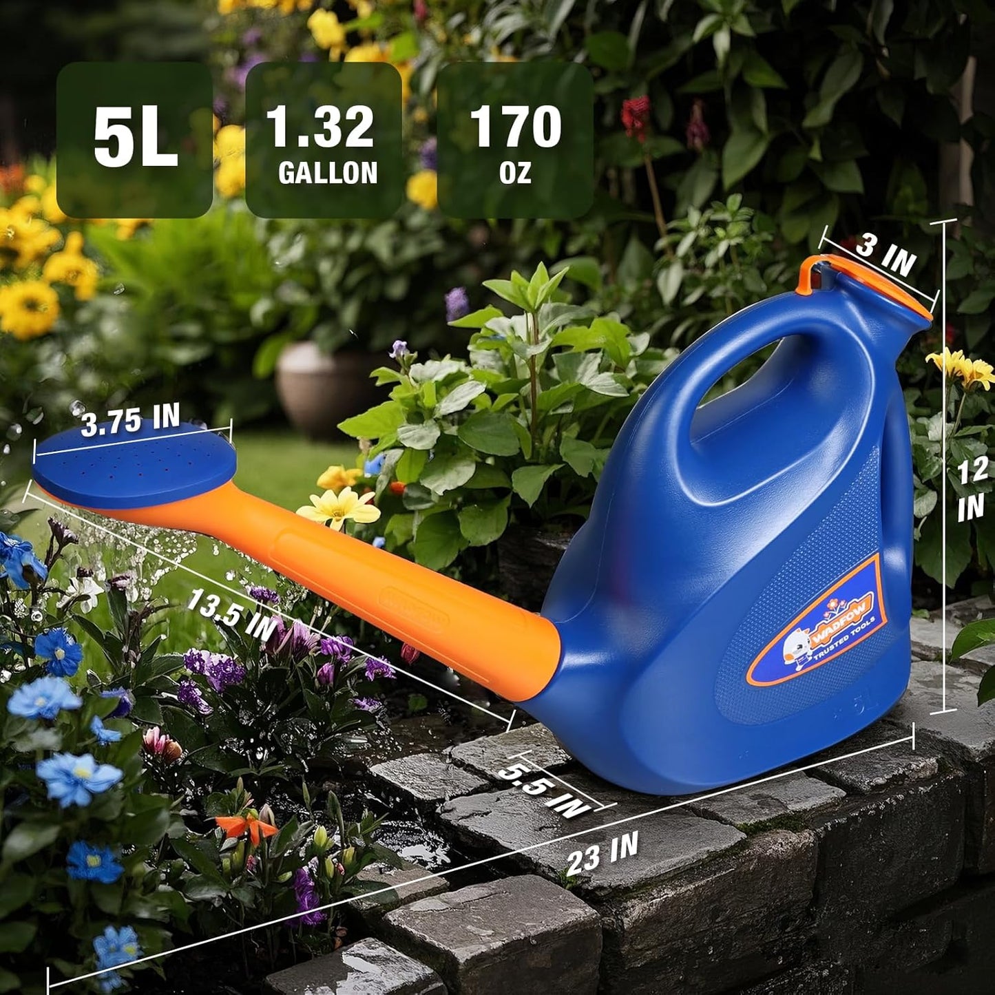 WKW1850T 1.32 Gallon Watering Can for Indoor & Outdoor, Watering Cans with Detachable Nozzle, Long Spout Watering Can for Indoor Plants Garden Flowers, 5L/170OZ