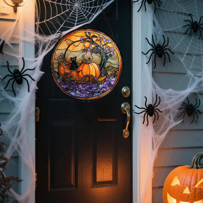 Stained Glass Window Hanging - Halloween Pumpkin Carriage Black Cat Suncatcher for Doors Window Garden Spooky Sun Catchers Gothic Decor Horror Gifts for Women Men Friend Boy Girl 15 in