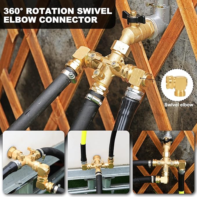 Garden Hose Splitter High Flow Splitter with Swivel elbow Connect Brass Hose Splitter with Shut Off Valves 3 way Hose Bib Adapter (with Swivel elbow)