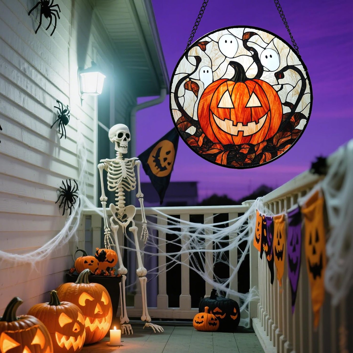 Stained Glass Window Hanging - Halloween Decorations Pumpkin Ghost Suncatcher for Doors Garden Indoor Spooky Funny Orange Sun Catchers Gothic Decor Horror Gifts for Women Men Friend 6.3 in