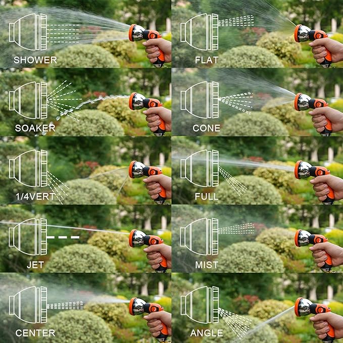 Garden Hose Nozzle, Hose Sprayer Nozzle with 10 Spray Patterns, Thumb Control On Off Valve, High Pressure Metal Water Hose Nozzle for Car Wash, Plants, Pets & Outdoor Cleaning, Orange