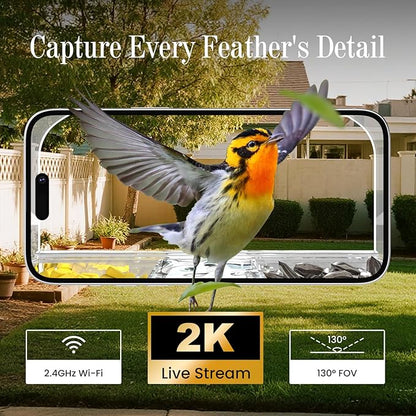 Smart Window Bird Feeder with Camera, 24/7 Powered for 2K HD Live View & AI Species ID, Wild Bird House with 3 Strong Suction Cups, Gift for Bird Watchers (Clear)