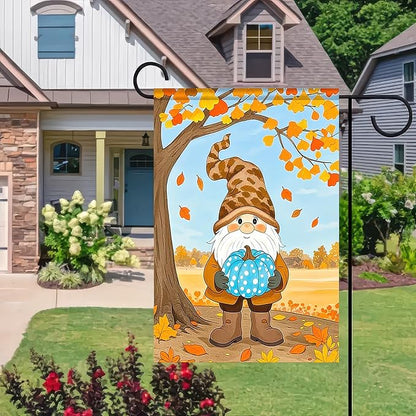 Fall Gnome Garden Flag 12x18 Inch Double Sided Autumn Gnome Holding Blue Pumpkin Yard Flags Harvest Banner for Thanksgiving Porch Lawn Outdoor Decoration