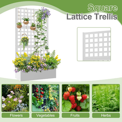 Metal Raised Garden Bed, Trellis Planters Bed with Drainage Holes for Climbing Plants, Vegetables Outdoor Privacy Screen with Planter Box 73"x35"x16", White