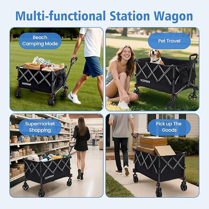 Collapsible Heavy-Duty Wagon Cart with PVC Wheels, Portable Folding Outdoor Utility Wagon for Sports, Garden, Grocery Shopping,Camping, Transportation,Hauling (130L)