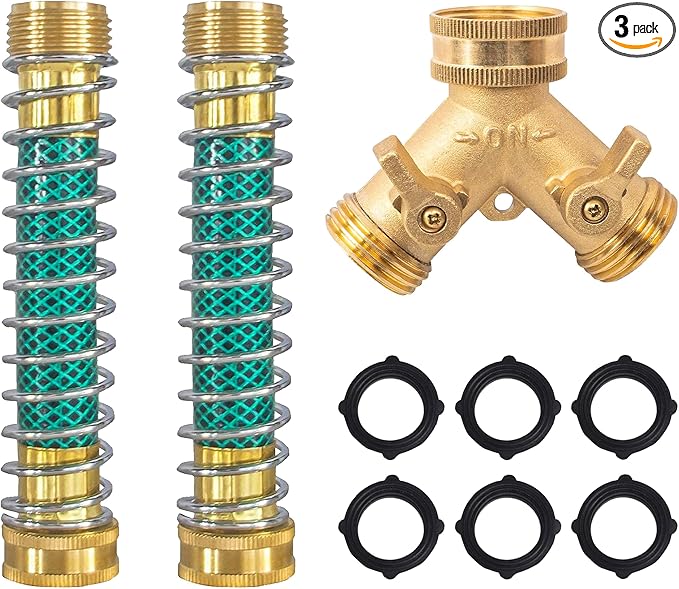 Hourleey 2 Way Hose Splitter, 3/4" Brass Hose Y Splitter with 2 PCS Garden Hose Extension Hose Coiled Spring Protectors and 6 Rubber Washers