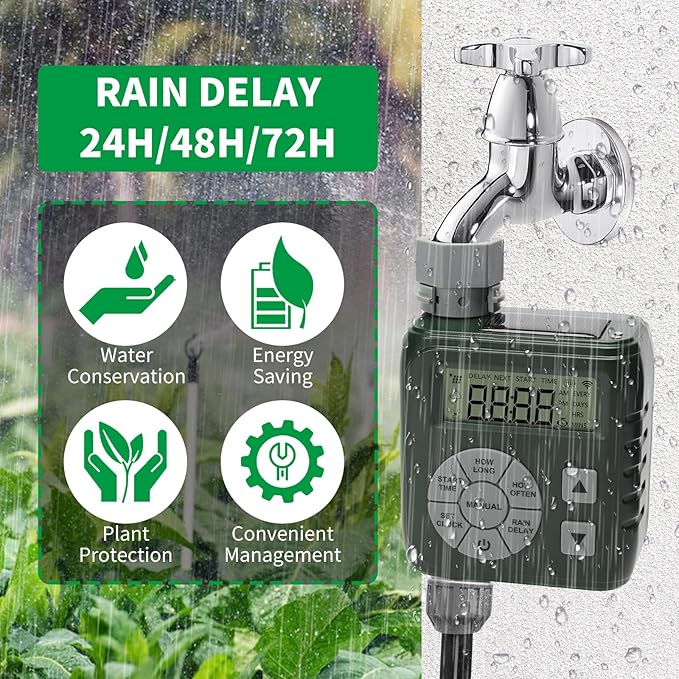 Sprinkler Timer, Programmable Irrigation Water Timer for Garden Hose, Solar/Battery Dual Power & Professional Leak-Proof Design, Rain Delay/Auto/Manual Watering System, Green