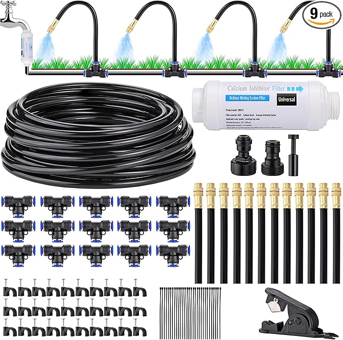 Mornajina Automatic Drip Irrigation Kits Garden Irrigation System, Includes Calcium Inhibitor Filter & 50FT 5/16 inch Irrigation Tubing Hose & 15Pcs 360° Bending Dropper Atomizing Mist Nozzles Tee