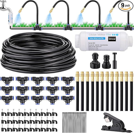 Mornajina Automatic Drip Irrigation Kits Garden Irrigation System, Includes Calcium Inhibitor Filter & 50FT 5/16 inch Irrigation Tubing Hose & 15Pcs 360° Bending Dropper Atomizing Mist Nozzles Tee