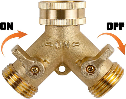 Triumpeek 2-Pack Brass Garden Hose Splitter, 3/4 Inch 2-Way Y Shaped Water Faucet Adapter with Dual Shut-Off Valves, Leak-Proof Design, Includes 4 O-Ring Washers & 1 Tape