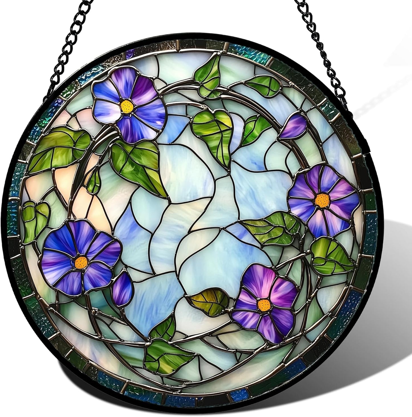 Stained Glass Window Hanging, Purple Morning Glory Flowers Suncatcher for Doors Window Home Plant Sun Catchers Decoration Mother's Day Birthday Gifts for Women, Men, and Mom 7.8x7.8 in