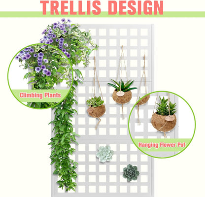 Metal Planter Box with Trellis, Raised Garder Bed with Drainage Hole, Outdoor Privacy Screen & Trellis for Climbing Plants, Plant Stands, 35''L×16''W×71''H, White