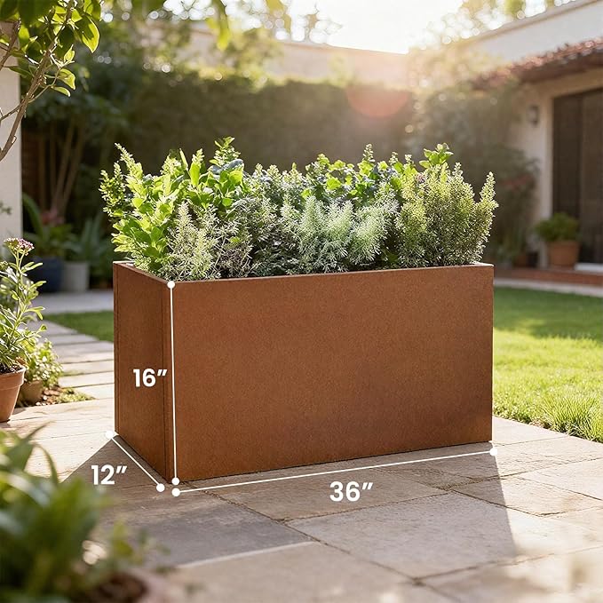 Corten Steel Corner Metal Planter Box L36 x W12 x D16 Rusted Garden Steel Planter Pot for Patio Modern Farmhouse Rustic Design (L36 x W12 x D16, Rusted)