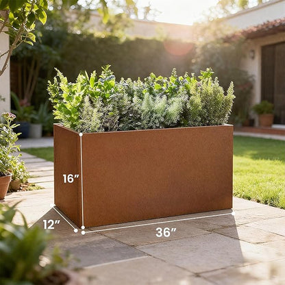Corten Steel Corner Metal Planter Box L36 x W12 x D16 Rusted Garden Steel Planter Pot for Patio Modern Farmhouse Rustic Design (L36 x W12 x D16, Rusted)