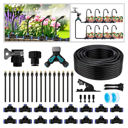 Drip Irrigation Kit - 100 FT. Hose Sprinkler System with 360° nozzles and T-connectors for Gardens, lawns, Plants, Flower beds, Trees, patios and hydroponics (Closeable nozzle-16)