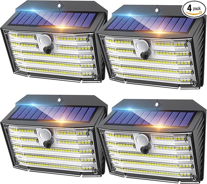 CLAONER Solar Lights Outdoor [𝟒 𝐏𝐚𝐜𝐤/126 LED], Wireless Motion Sensor Lights, IP65 Waterproof Security Lights 3 Modes, 270° Lighting Angle, Ultra-Bright Wall Lights for Deck Patio Fence Garage