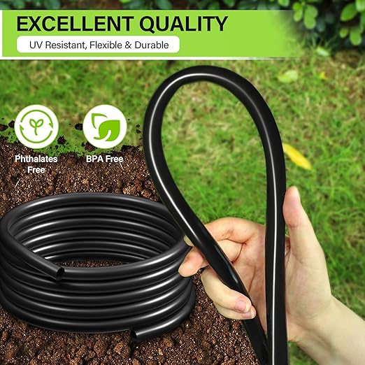 Bonviee 50FT 5/16" Drip Irrigation Tubing and 4 Packs 4-Way Quick Coupler, Push-to-Connect Fittings- DIY Garden Irrigation System, Misting, or Blank Distribution Tubing for Any Gardening Project