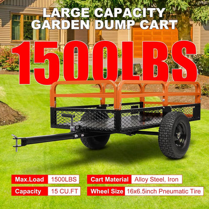 Heavy Duty ATV Utility cart, 1600LB Capacity Utility Trailer with Dual Dumping Modes (Manual/Foot Pedal), Steel Dump Cart with All-Terrain Tires & Dual Bearings for Garden, Farm, Firewood