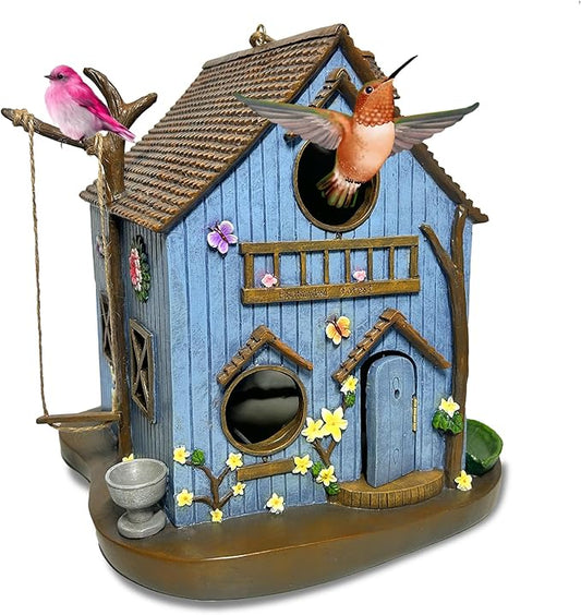 Enchanted Forest Outdoor Birdhouse for Hanging - Deluxe Multi-Family Design, Multiple 1.65" Entrance Holes, Swing Perch, Seed Tray, Water Dish, Butterfly & Flower Accents, Weather Resistant Resin