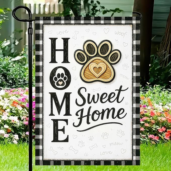 Garden Flags 12x18 Inch Home Sweet Home Garden Flag Paw Print Design Black and White Plaid Border Outdoor Decorative Flag for Pet Lovers Yard Flag for Porch Lawn
