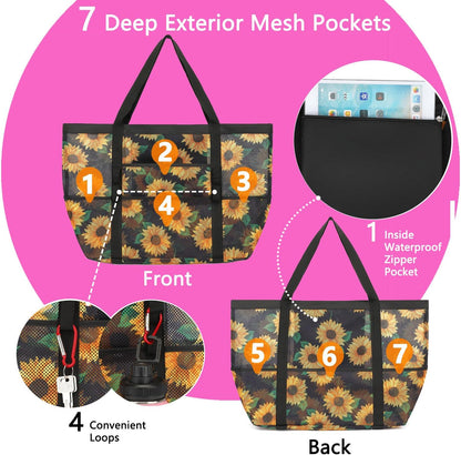 Mesh Beach Bag, Large Beach Tote with Zipper Pocket for Family Pool Bag for Toys & Vacation Essentials
