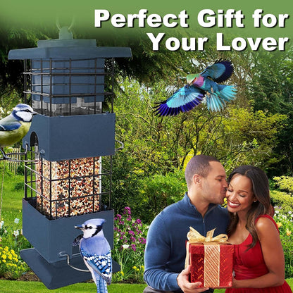 Squirrel Proof Bird Feeder,3lb Bird Feeders for Outdoors Hanging, Metal Birds Feeder with 4 Feeding Ports, Wild Birds Feeder for Cardinal, Finch, Sparrow (Blue)