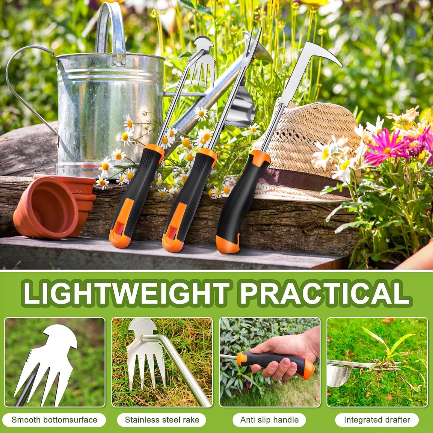 Hand Weeder Tool, Rubber Handle Manual Weeder Puller Tool, Uprooting Weeding Tools, Crack Weeder Crevice, 4 Teeth Weeding Tool, Planting and Weeding for Garden, Patio, Backyard Farm