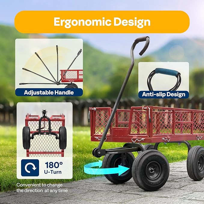 VIVOHOME Heavy Duty 880 Lbs Capacity Mesh Steel Garden Cart Folding Utility Wagon with Removable Sides and 4.10/3.50-4" Wheels 10 inch Tire(Red)