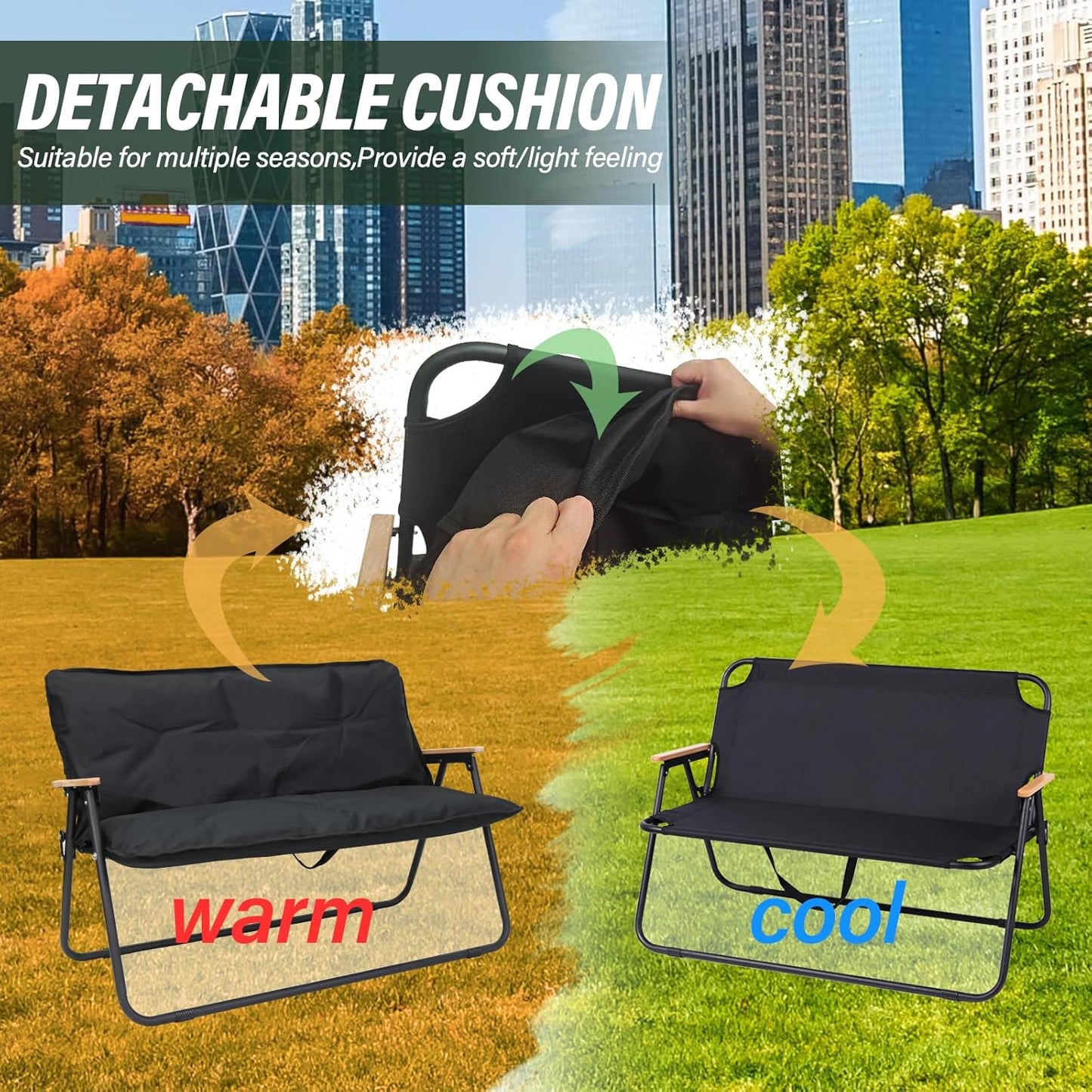 Loveseat Camping Chair with Detachable Cushion, Folding Double Camping Chair with Armrests for Outdoor Fishing Travel Lawn Patio (Black)