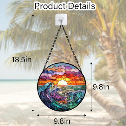 Stained Glass Window Hanging, Clouds and Sea Waves Suncatcher Diamond Glass Panel Hangings Scenery Sun Catchers Decor for Birthday for Women, Men, Wife, Aunt, and Mom 7.8 in
