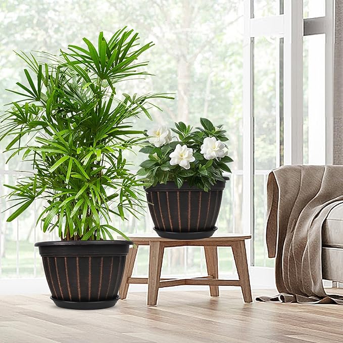 FGstyle 4 Pack 16 inch Plant Pots, Retro Vertical Stripe Planters with Drainage Holes and Saucer, Sturdy Plastic Garden Flower Pots for Indoor & Outdoor Plants(Black)