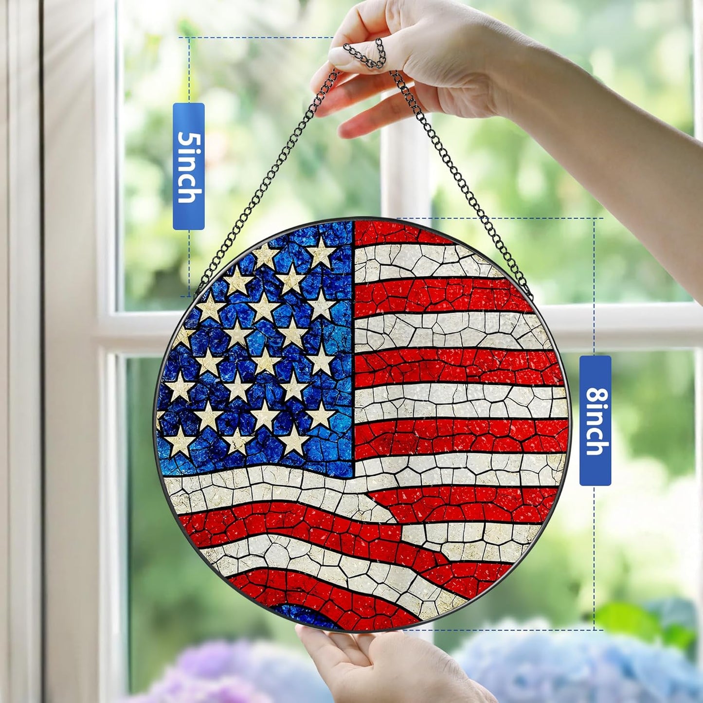 Stained Glass Window Hanging, Pauyadu 8 Inch American Flag Stained Glass Suncatcher, Patriotic Home Decor, Window Decor, USA Flag Gift Ideas, Patriotic Themed Gifts, Gifts for Women and Men