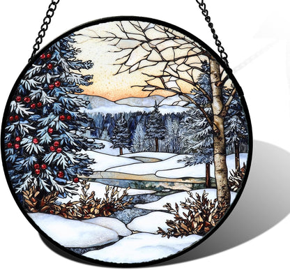 Stained Glass Window Hanging, Winter Snow Landscape Suncatcher Diamond Glass Panel Sun Catchers Decor for Birthday for Women, Men, Wife, Aunt, and Mom 9.8 in