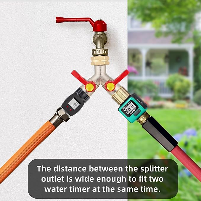 full flow Garden Hose Splitter, 3/4”GHT Inlet Brass Heavy Duty High Flow Hose Splitter 2-Way Full Flow, Hose Y-Valve Faucet Adapter, Runner and Large Outlet with Extended Handle.