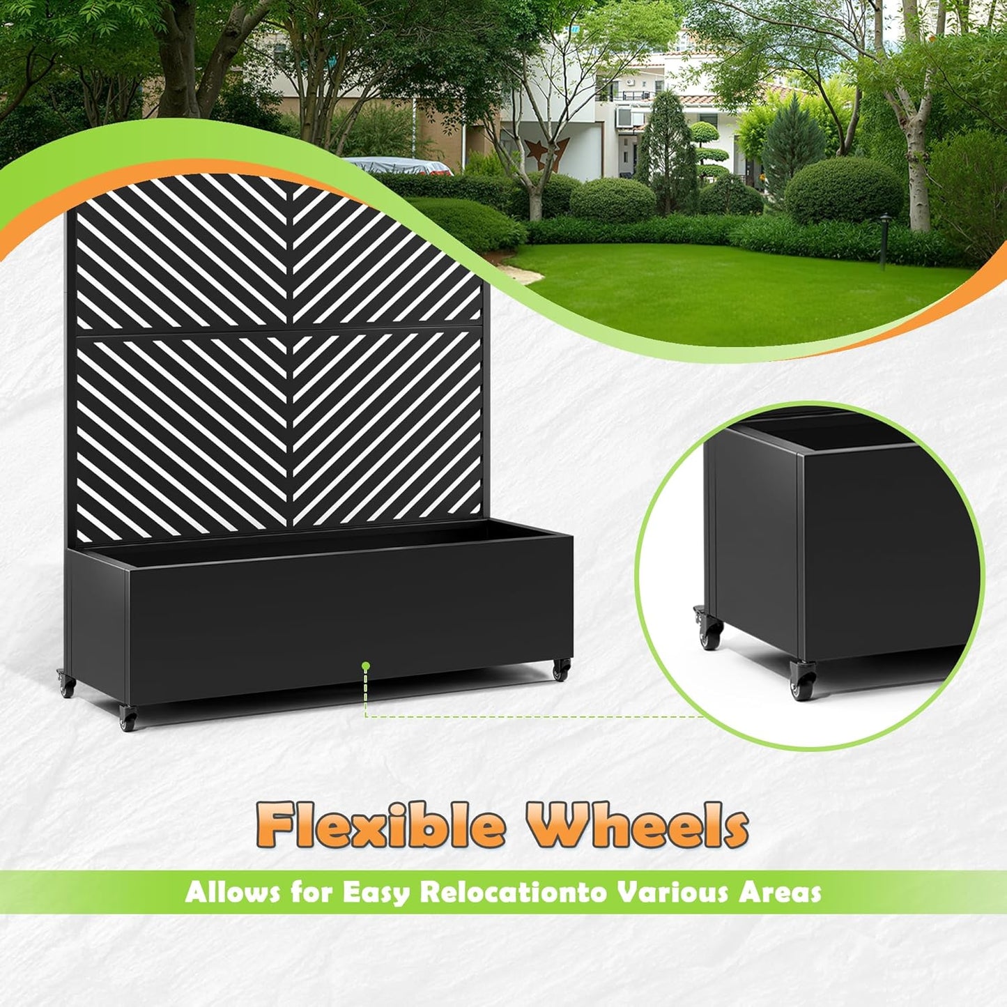 Metal Raised Garden Bed with Trellis, 2-in-1 Planter Box & Privacy Screen for Climbing Plants, Outdoor Standing Flower Bed with Drainage Holes, 47.2" L x 16.7" W x 70.8" H, Black-Parallel