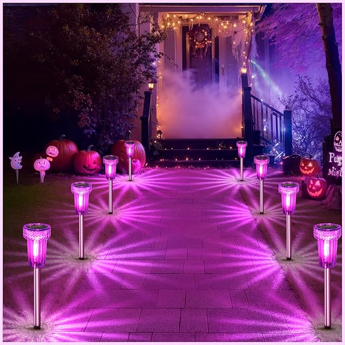 DERAYSION Halloween Solar Lights Outdoor Pathway Lights Purple LED Waterproof Yard Landscape Acrylic Lamp Auto Dusk-to-Dawn Halloween Decorations Outdoor for Path, Garden 8 Pack
