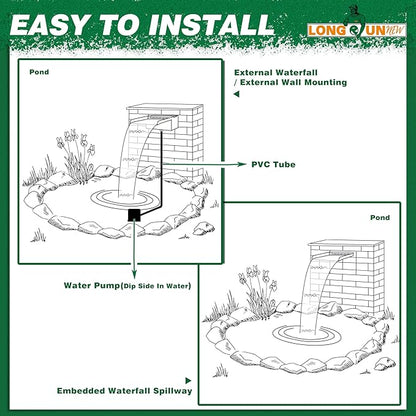 Waterfall Pool Fountain, LONGRUNNEW Stainless Steel Waterfall Spillway with Pipe Connector Kits for Outdoor/Indoor Decorative, 11.8 Inches Pool Water Feature for Garden Patio, Backyard Koi Pond Decor