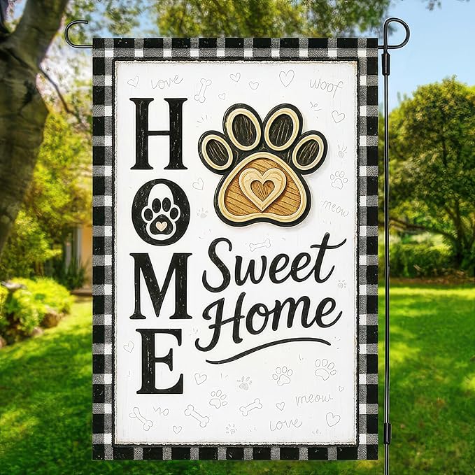 Garden Flags 12x18 Inch Home Sweet Home Garden Flag Paw Print Design Black and White Plaid Border Outdoor Decorative Flag for Pet Lovers Yard Flag for Porch Lawn