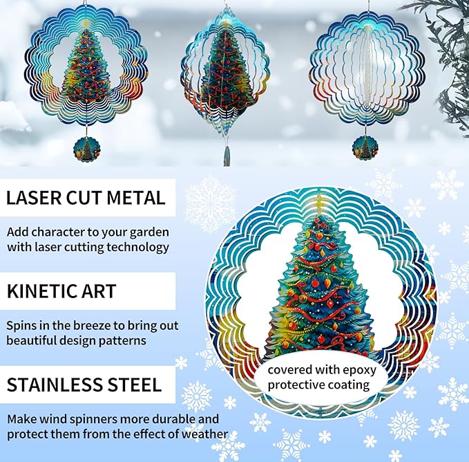 3D Christmas Tree Wind Spinners for Yard and Garden Christmas Decor 12 Inch Outdoor Metal Hanging Stainless Steel Wind Spinner Unique Gift Xmas Wind Sculptures