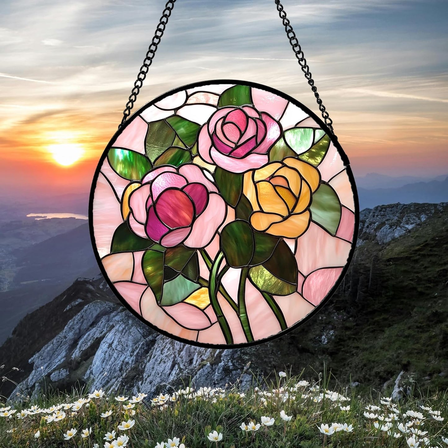 Stained Glass Window Hanging 4 Pcs Set Pink Floral Theme 6.3" - Flowers Suncatcher Door Garden Sun Catcher Decor Birthday Christmas for Mom Woman Nana Men Friend