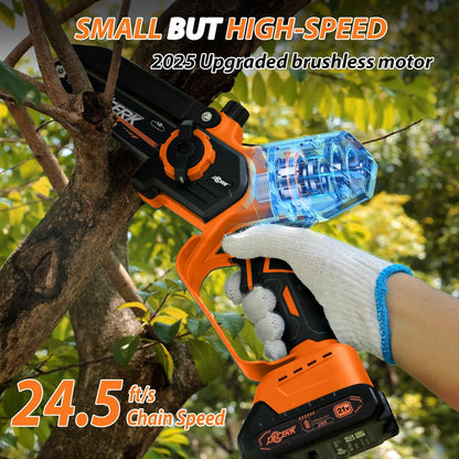 Mini Chainsaw Cordless - DECERK Brushless 6 Inch Electric Chain Saw, Portable Left Handheld Chainsaw Battery Powered for Tree, Branch, Wood, Best Gift Saw Tools for Household & Garden, Men Dad Husband