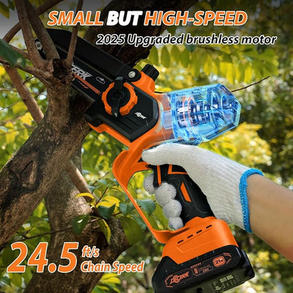 Mini Chainsaw Cordless - DECERK Brushless 6 Inch Electric Chain Saw, Portable Left Handheld Chainsaw Battery Powered for Tree, Branch, Wood, Best Gift Saw Tools for Household & Garden, Men Dad Husband