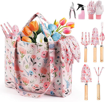 Gardening Tools, 10-Piece Gardening Gift Set for Women, Rust-Proof & Heavy-Duty Tools with Floral Organizer Bag, Fashionable & Thoughtful Gift for Garden Women (Pink)