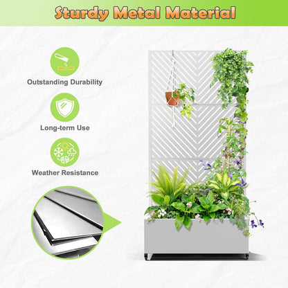 Metal Raised Garden Bed with Trellis, 2-in-1 Planter Box & Privacy Screen for Climbing Plants, Outdoor Standing Flower Bed with Drainage Holes, 35.4" L x 15.7" W x 70.1" H, White-Parallel