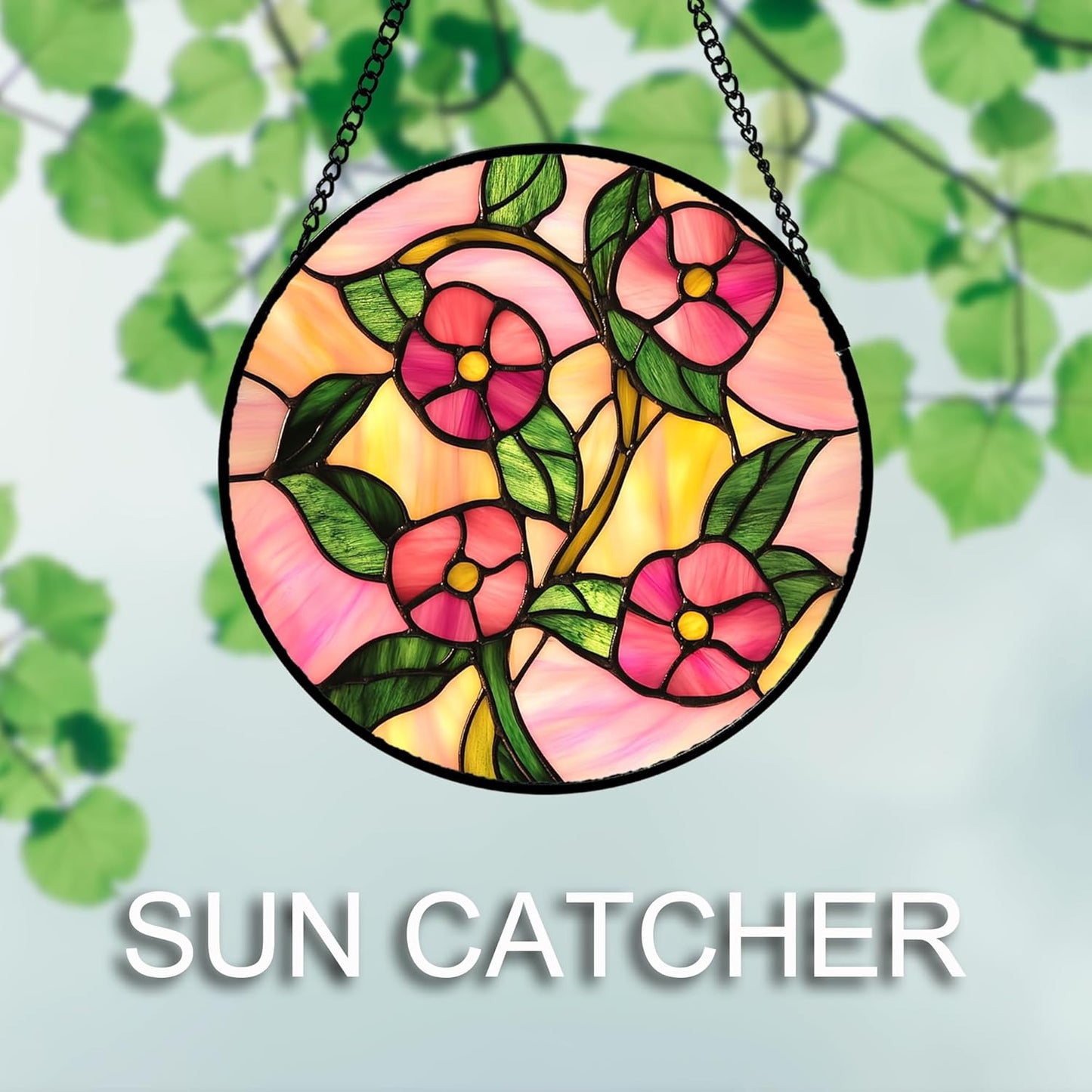 Stained Glass Window Hanging 4 Pcs Set Pink Floral Theme 7.8" - Flowers Suncatcher Door Garden Sun Catcher Decor Birthday Christmas for Mom Woman Nana Men Friend